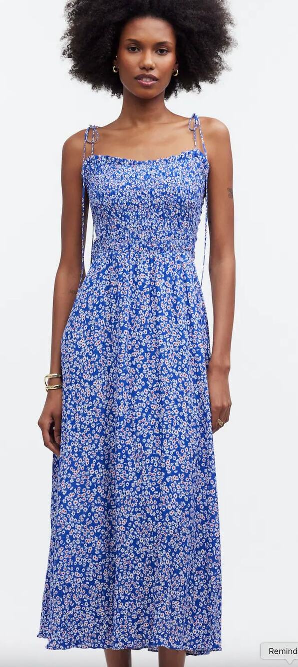 Madewell Floral Smocked Tie Strap Midi Dress June Blue Ditsy Womens Size 10